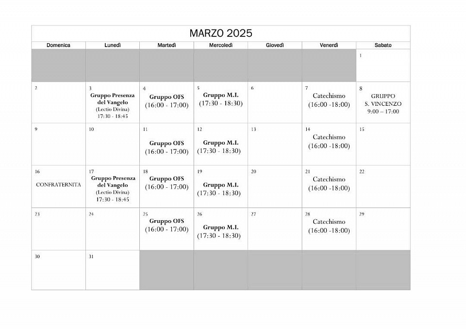 Calendario Salone Parrocchiale Marzo 2025